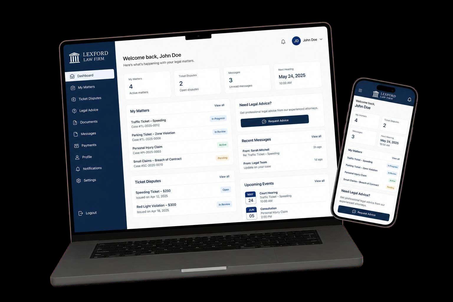 Responsive law firm client portal web app on a laptop and phone, showing a case dashboard, disputes and secure messaging.